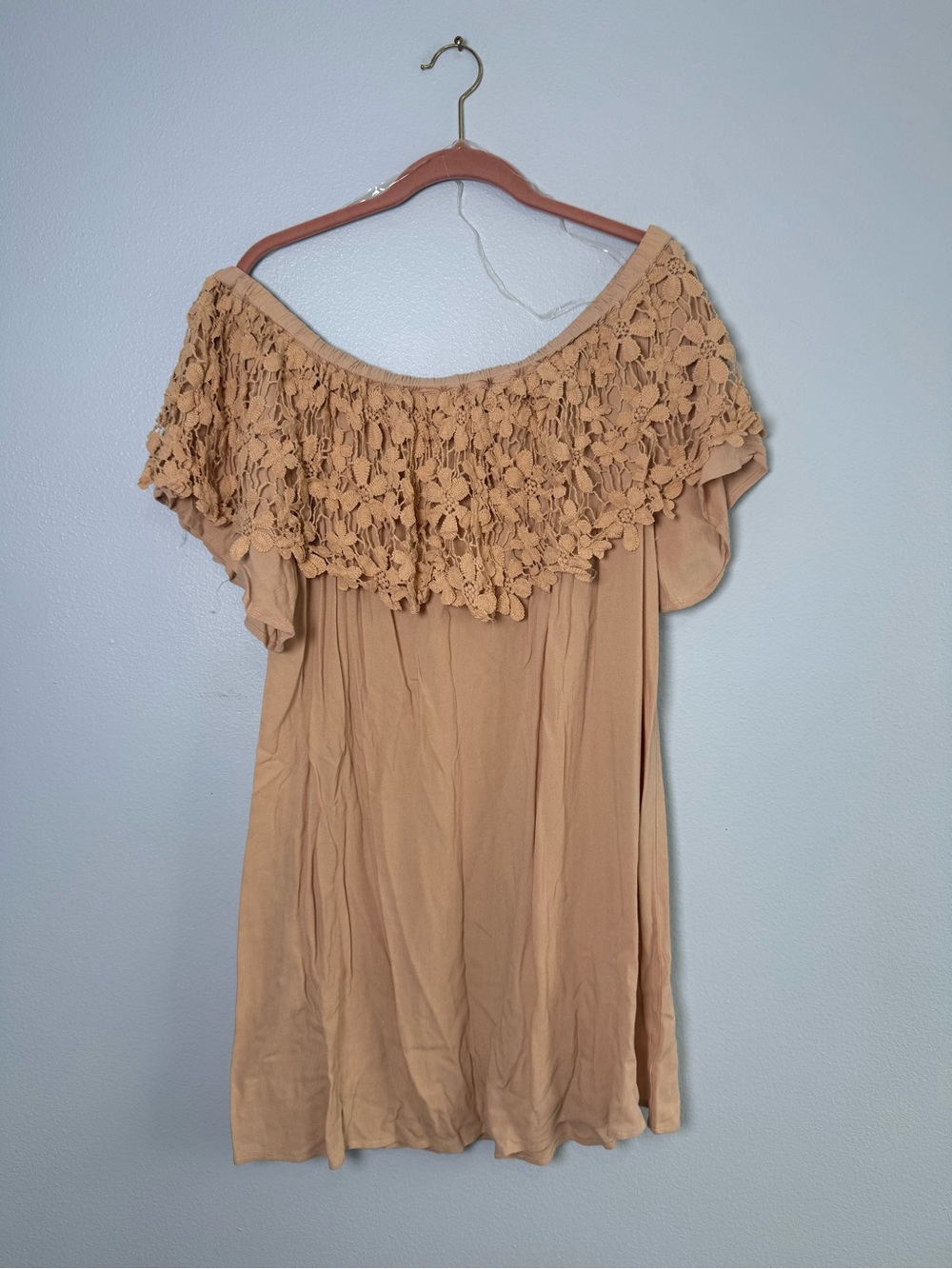 Off-Shoulder Tinic Crochet Yoke Women’s Dress in Tan